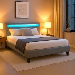 Lit LED double PINOT 140x190 cm, avec sommier, revêtement synthétique gris>Idimex