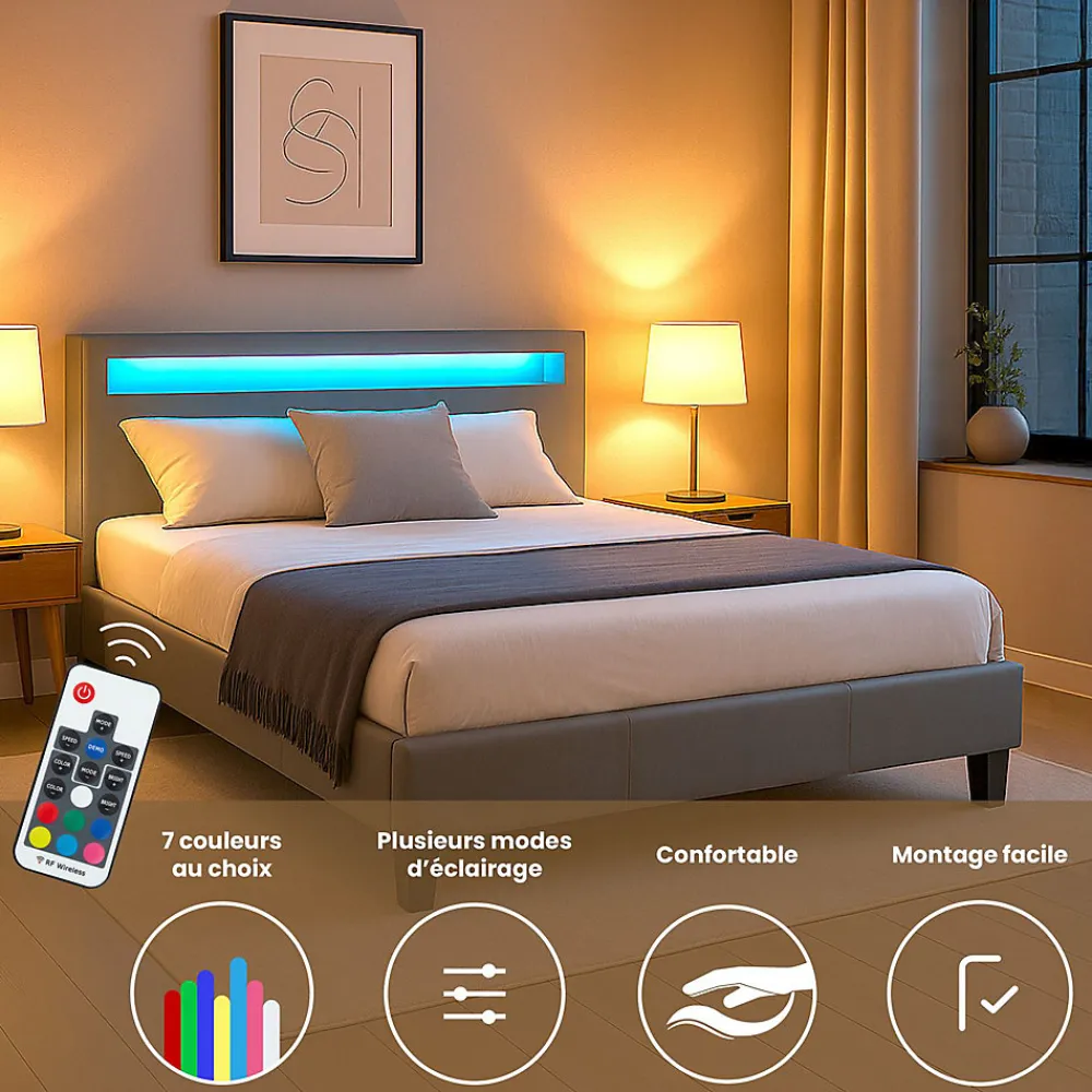 Lit LED double PINOT 140x190 cm, avec sommier, revêtement synthétique gris>Idimex