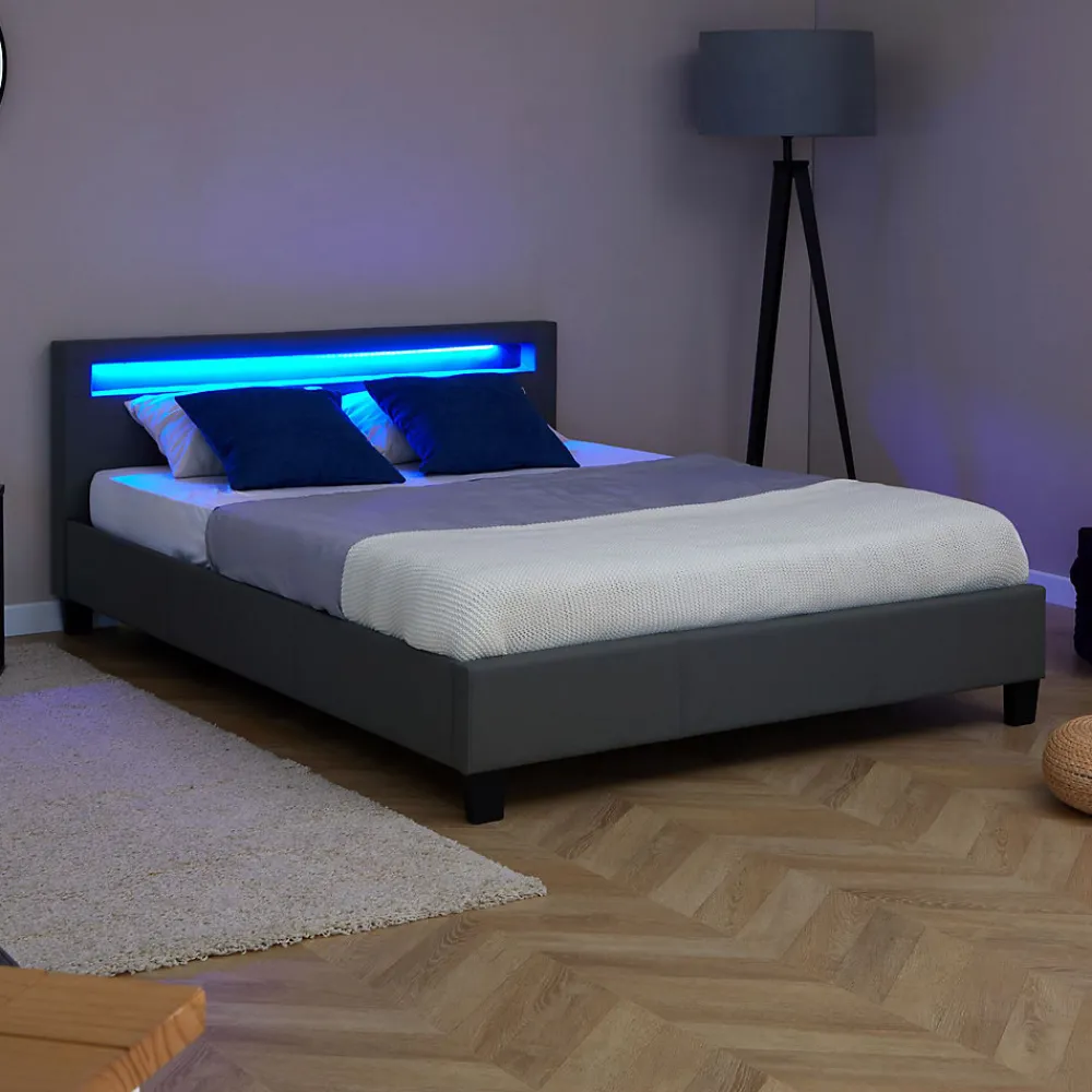 Lit LED double PINOT 140x190 cm, avec sommier, revêtement synthétique gris>Idimex
