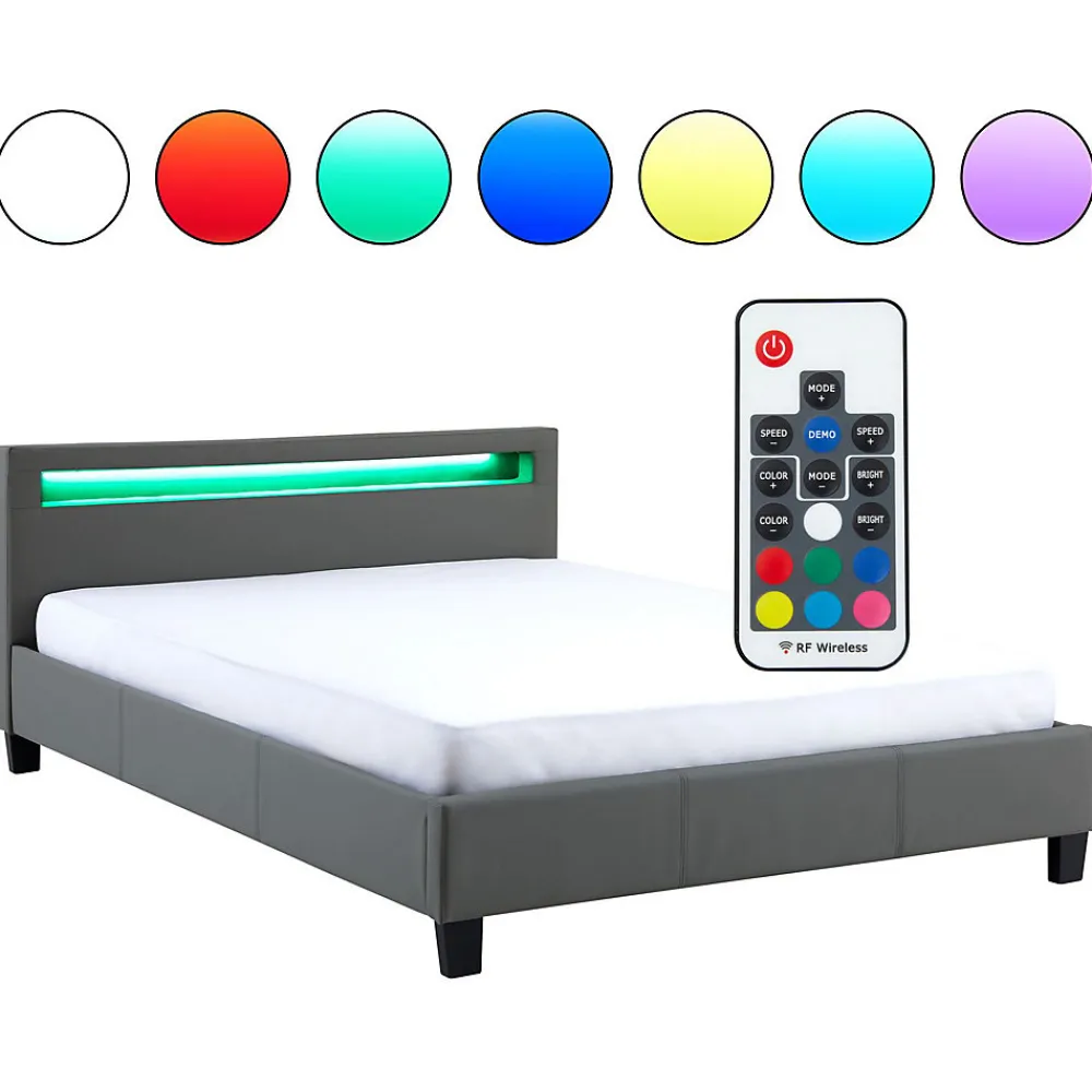 Lit LED double PINOT 140x190 cm, avec sommier, revêtement synthétique gris>Idimex