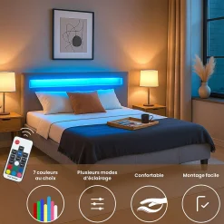 Lit LED double RIOJA 140x190 cm, avec sommier, revêtement tissu gris><noscript><img width=