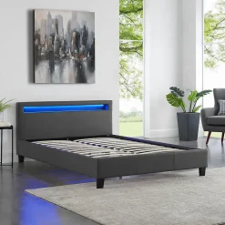 Lit LED double RIOJA 140x190 cm, avec sommier, revêtement tissu gris><noscript><img width=