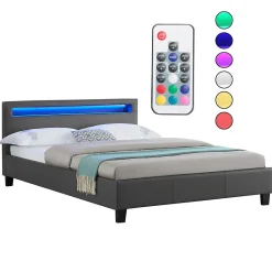 Lit LED double RIOJA 140x190 cm, avec sommier, revêtement tissu gris><noscript><img width=