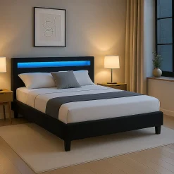 Lit LED double RIOJA 140x190 cm, avec sommier, revêtement tissu noir>Idimex Outlet