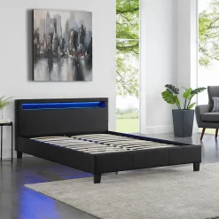 Lit LED double RIOJA 140x190 cm, avec sommier, revêtement tissu noir><noscript><img width=