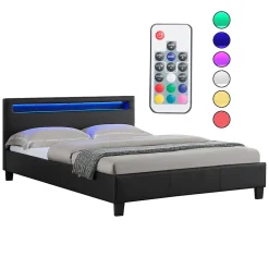Lit LED double RIOJA 140x190 cm, avec sommier, revêtement tissu noir><noscript><img width=