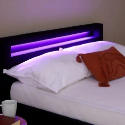 Lit LED double RIOJA 140x190 cm, avec sommier, revêtement tissu noir><noscript><img width=