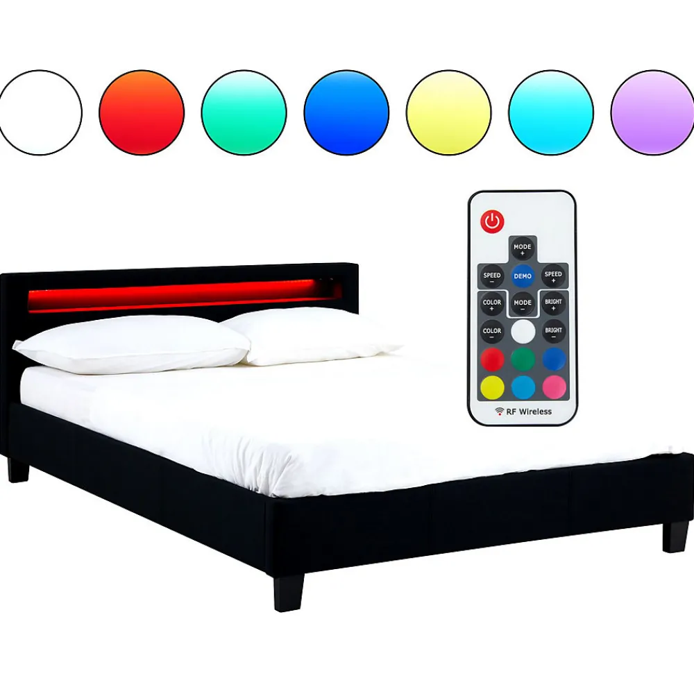 Lit LED double RIOJA 140x190 cm, avec sommier, revêtement tissu noir>Idimex Outlet