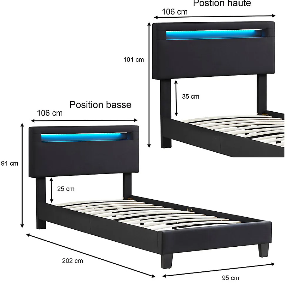Lit LED simple AUSTIN 90x190 cm, avec sommier, revêtement en tissu noir>Idimex Sale
