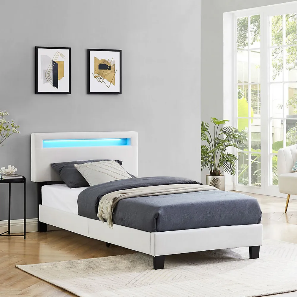 Lit LED simple AUSTIN 90x190 cm, avec sommier, revêtement en tissu blanc>Idimex