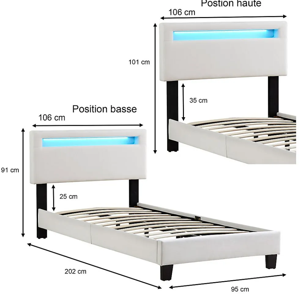 Lit LED simple AUSTIN 90x190 cm, avec sommier, revêtement en tissu blanc>Idimex