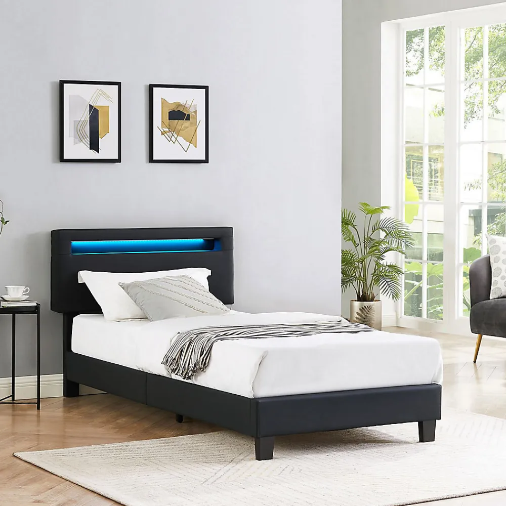Lit LED simple EVAN 90x190 cm, avec sommier, revêtement en synthétique noir>Idimex Discount