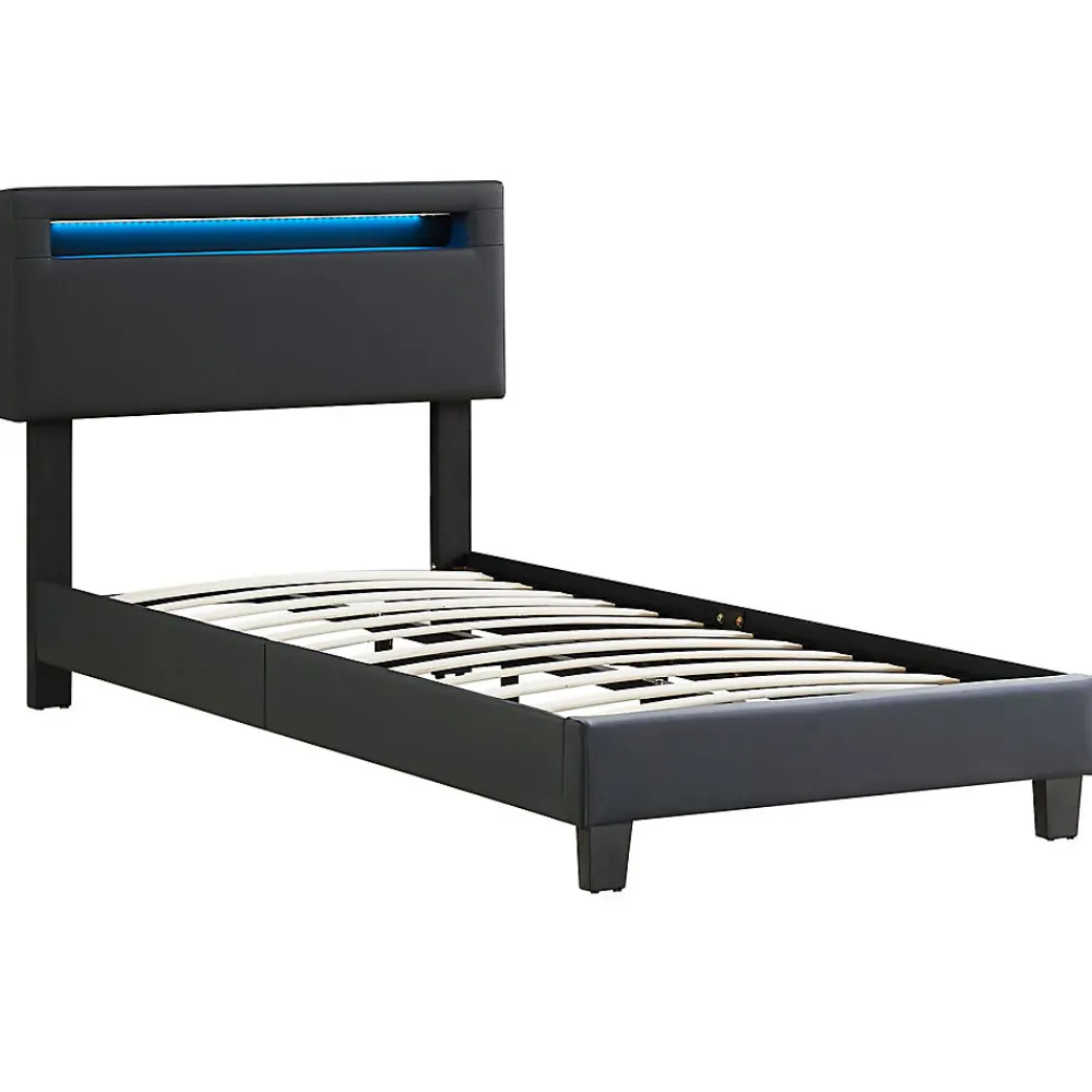 Lit LED simple EVAN 90x190 cm, avec sommier, revêtement en synthétique noir>Idimex Discount