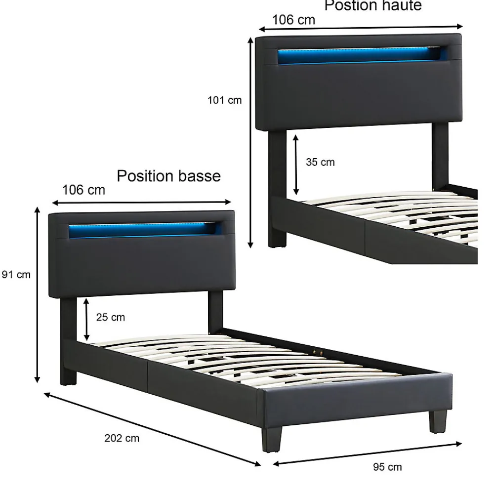 Lit LED simple EVAN 90x190 cm, avec sommier, revêtement en synthétique noir>Idimex Discount