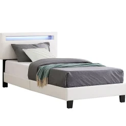 Lit LED simple EVAN 90x190 cm, avec sommier, revêtement en synthétique blanc>Idimex Outlet