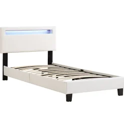 Lit LED simple EVAN 90x190 cm, avec sommier, revêtement en synthétique blanc><noscript><img width=
