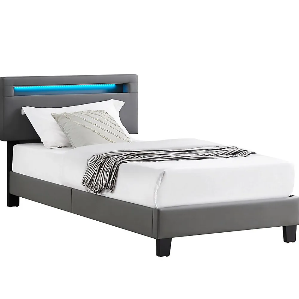 Idimex Lit LED simple EVAN 90x190 cm, avec sommier, revêtement en synthétique gris* Lit Simple