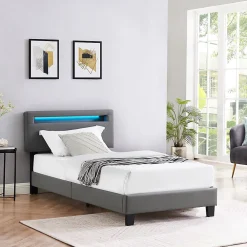 Idimex Lit LED simple EVAN 90x190 cm, avec sommier, revêtement en synthétique gris* Lit Simple