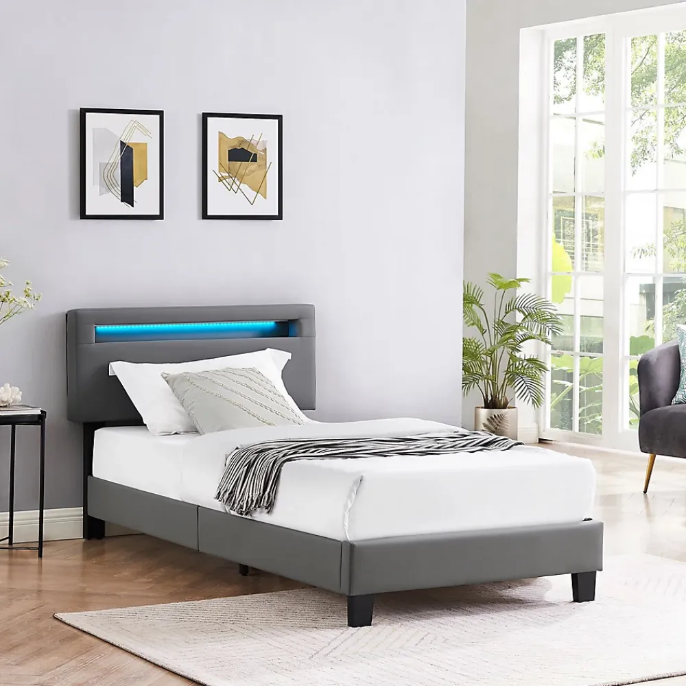 Idimex Lit LED simple EVAN 90x190 cm, avec sommier, revêtement en synthétique gris* Lit Simple