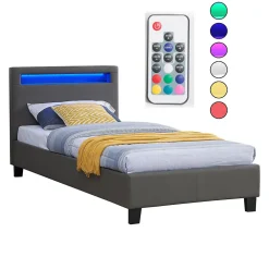 Lit LED simple LUCENO 90x190 cm, avec sommier, revêtement synthétique gris><noscript><img width=