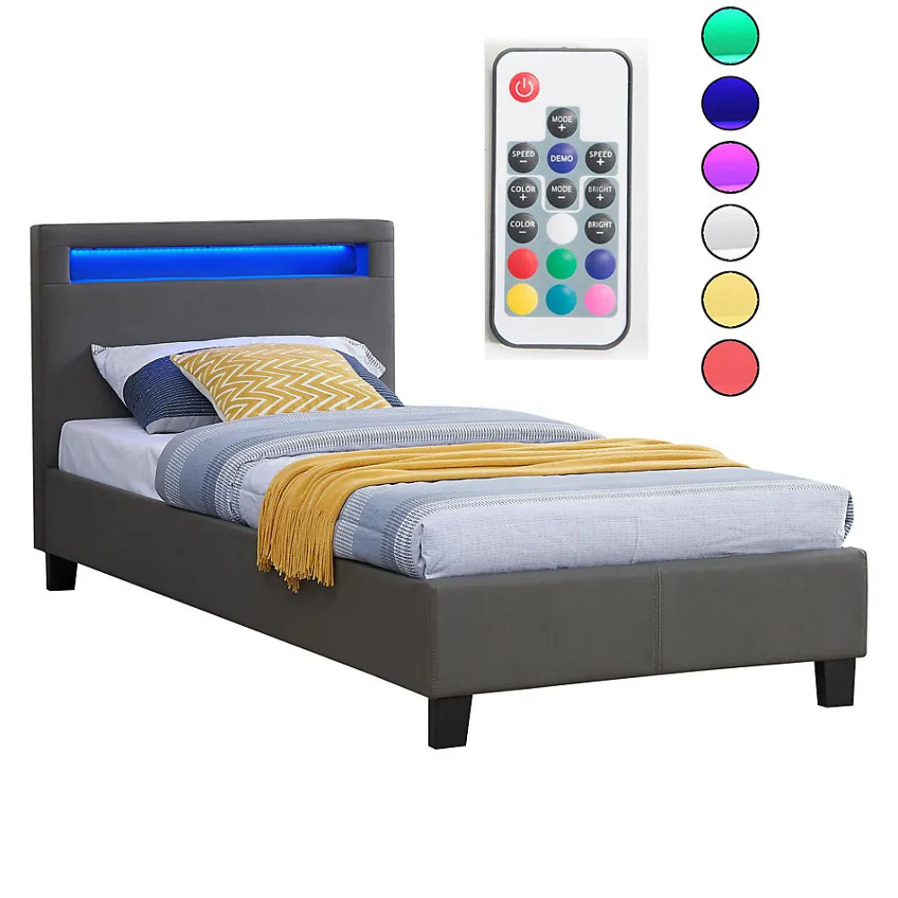 Lit LED simple LUCENO 90x190 cm, avec sommier, revêtement synthétique gris>Idimex