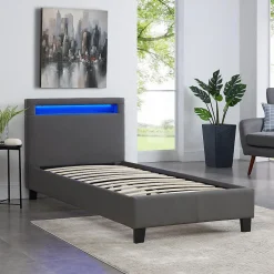 Lit LED simple LUCENO 90x190 cm, avec sommier, revêtement synthétique gris><noscript><img width=
