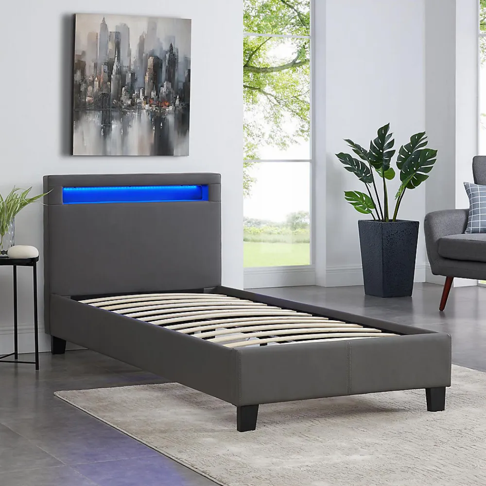 Lit LED simple LUCENO 90x190 cm, avec sommier, revêtement synthétique gris>Idimex