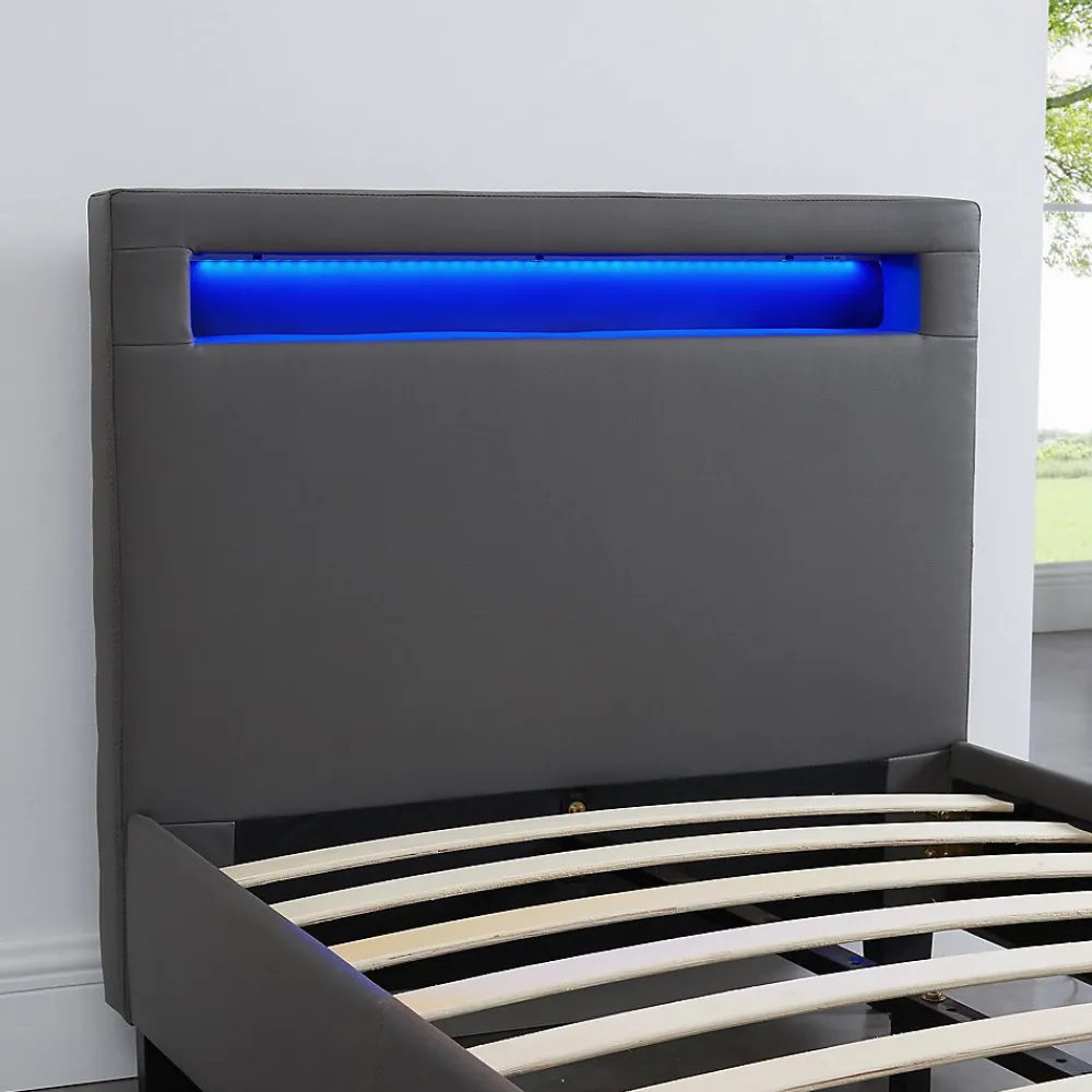 Lit LED simple LUCENO 90x190 cm, avec sommier, revêtement synthétique gris>Idimex