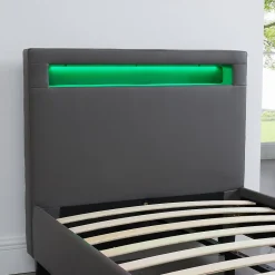 Lit LED simple LUCENO 90x190 cm, avec sommier, revêtement synthétique gris><noscript><img width=