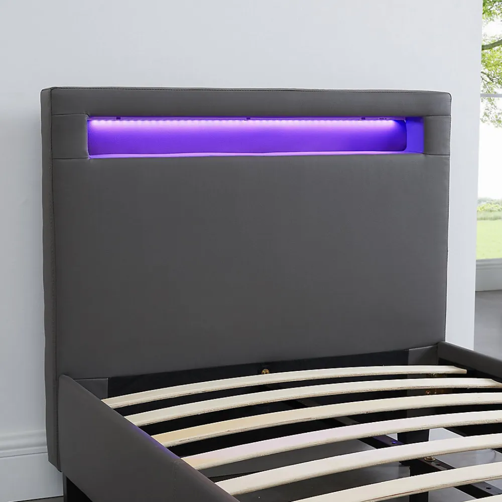 Lit LED simple LUCENO 90x190 cm, avec sommier, revêtement synthétique gris>Idimex