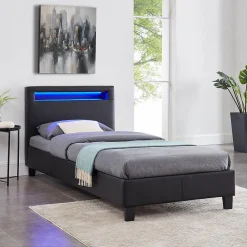 Lit LED simple LUCENO 90x190 cm, avec sommier, revêtement synthétique noir>Idimex Online