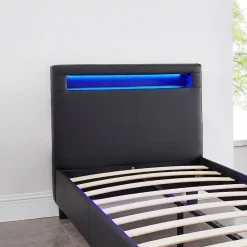 Lit LED simple LUCENO 90x190 cm, avec sommier, revêtement synthétique noir><noscript><img width=