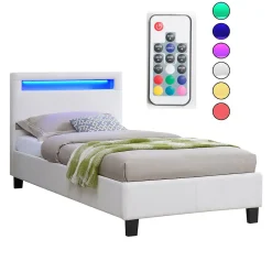 Lit LED simple LUCENO 90x190 cm, avec sommier, revêtement synthétique blanc><noscript><img width=
