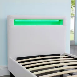 Lit LED simple LUCENO 90x190 cm, avec sommier, revêtement synthétique blanc><noscript><img width=