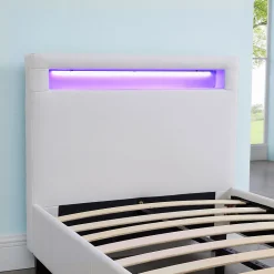Lit LED simple LUCENO 90x190 cm, avec sommier, revêtement synthétique blanc><noscript><img width=