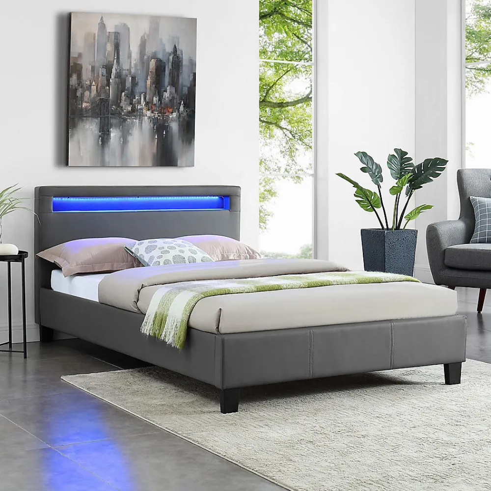 Idimex Lit LED simple MIRANDO 120x190 cm, avec sommier, revêtement synthétique gris* Lit Simple
