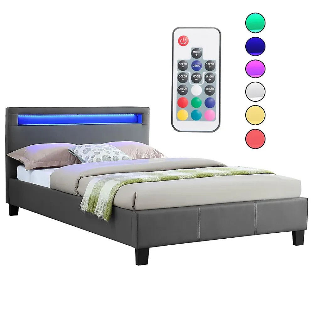 Idimex Lit LED simple MIRANDO 120x190 cm, avec sommier, revêtement synthétique gris* Lit Simple