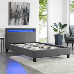 Idimex Lit LED simple MIRANDO 120x190 cm, avec sommier, revêtement synthétique gris* Lit Simple