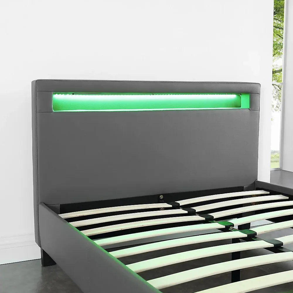 Idimex Lit LED simple MIRANDO 120x190 cm, avec sommier, revêtement synthétique gris* Lit Simple