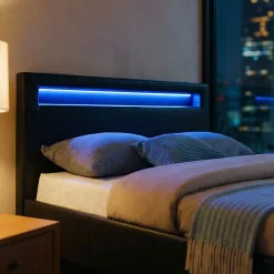 Lit LED simple MIRANDO 120x190 cm, avec sommier, revêtement synthétique noir><noscript><img width=