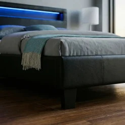 Lit LED simple MIRANDO 120x190 cm, avec sommier, revêtement synthétique noir><noscript><img width=