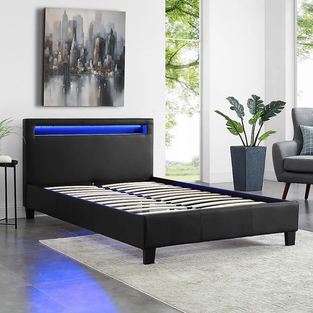 Lit LED simple MIRANDO 120x190 cm, avec sommier, revêtement synthétique noir>Idimex Clearance