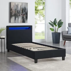 Lit LED simple MOLINA 90x190 cm, avec sommier, revêtement tissu noir><noscript><img width=