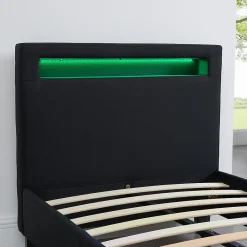 Lit LED simple MOLINA 90x190 cm, avec sommier, revêtement tissu noir><noscript><img width=