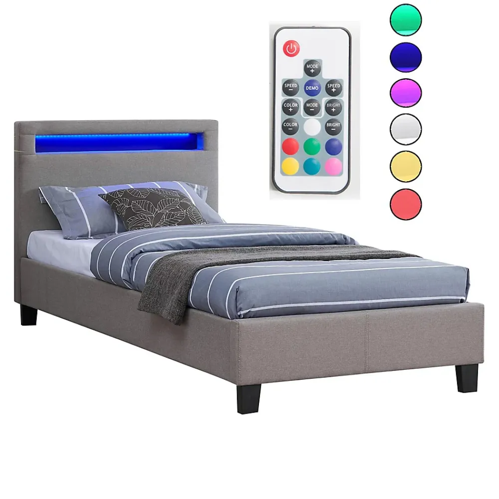 Idimex Lit LED simple MOLINA 90x190 cm, avec sommier, revêtement tissu gris* Lit Simple