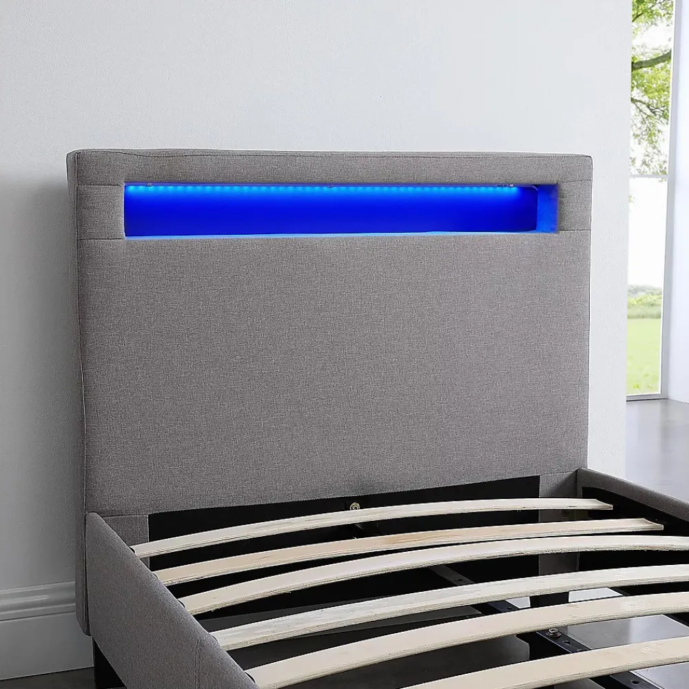 Idimex Lit LED simple MOLINA 90x190 cm, avec sommier, revêtement tissu gris* Lit Simple