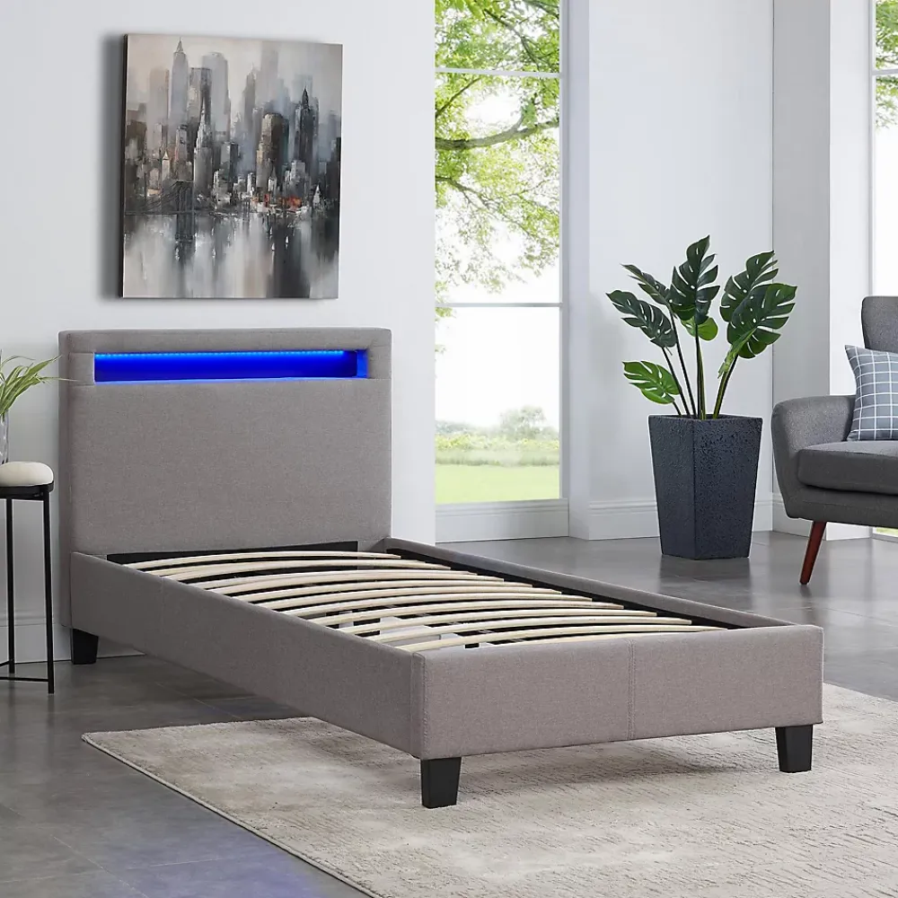 Idimex Lit LED simple MOLINA 90x190 cm, avec sommier, revêtement tissu gris* Lit Simple