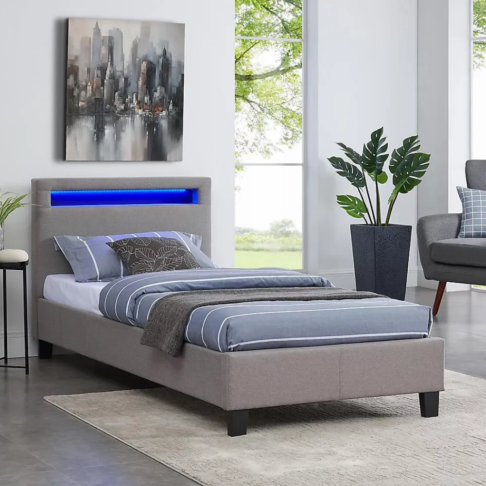 Idimex Lit LED simple MOLINA 90x190 cm, avec sommier, revêtement tissu gris* Lit Simple