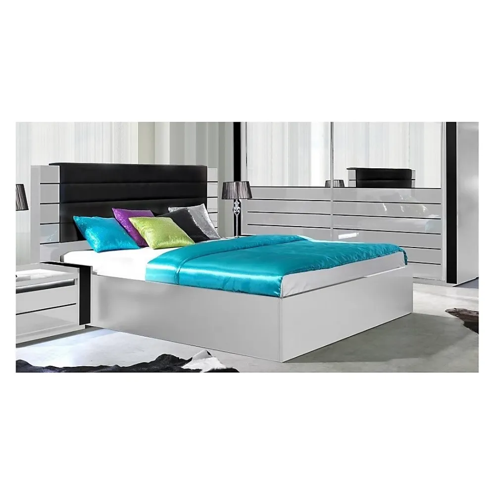 Meublorama Lit LINA blanc et noir brillant 180 cm avec sommier et tete de lit en simili cuir noir* Lit Double
