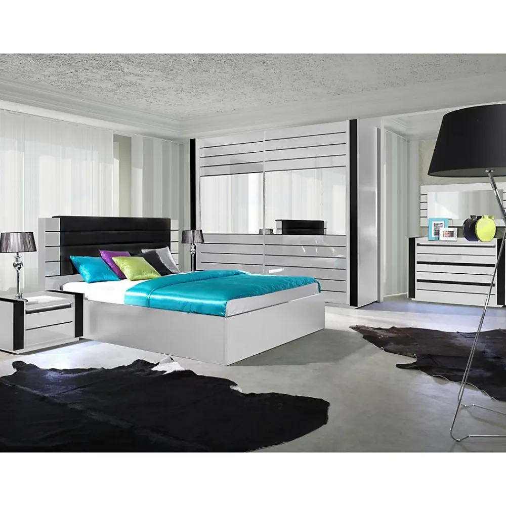 Meublorama Lit LINA blanc et noir brillant 180 cm avec sommier et tete de lit en simili cuir noir* Lit Double